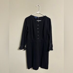 RSVP by Talbots Dress Women Size 10 Black Sheath Ruffle Bell Sleeve Pearl Button